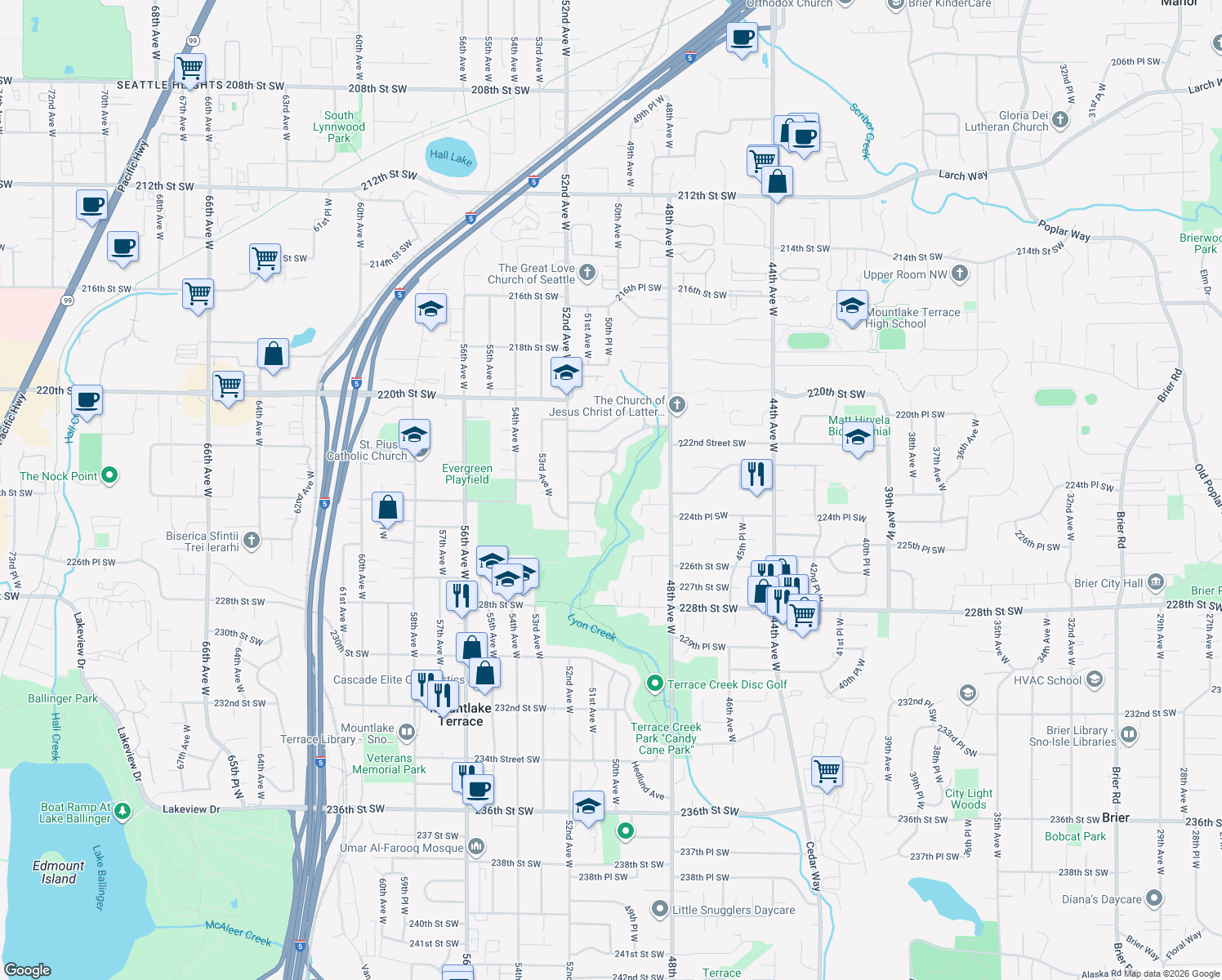 map of restaurants, bars, coffee shops, grocery stores, and more near 22303 51st Avenue West in Mountlake Terrace