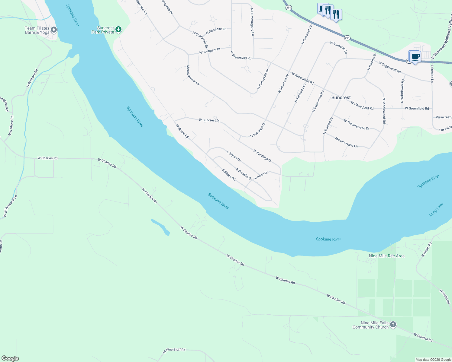 map of restaurants, bars, coffee shops, grocery stores, and more near 330 East Shore Road in Nine Mile Falls