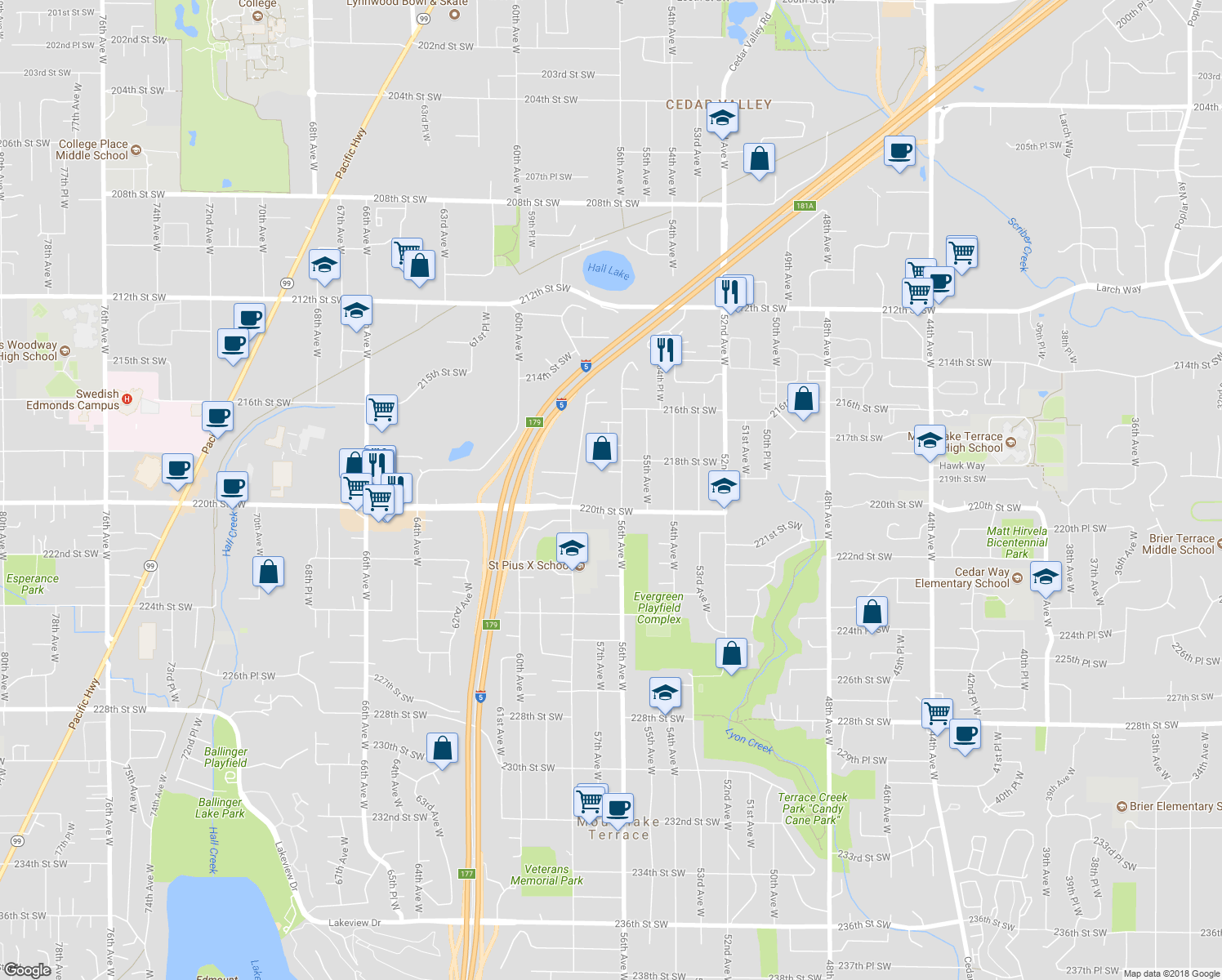 map of restaurants, bars, coffee shops, grocery stores, and more near 21904 56th Avenue West in Mountlake Terrace
