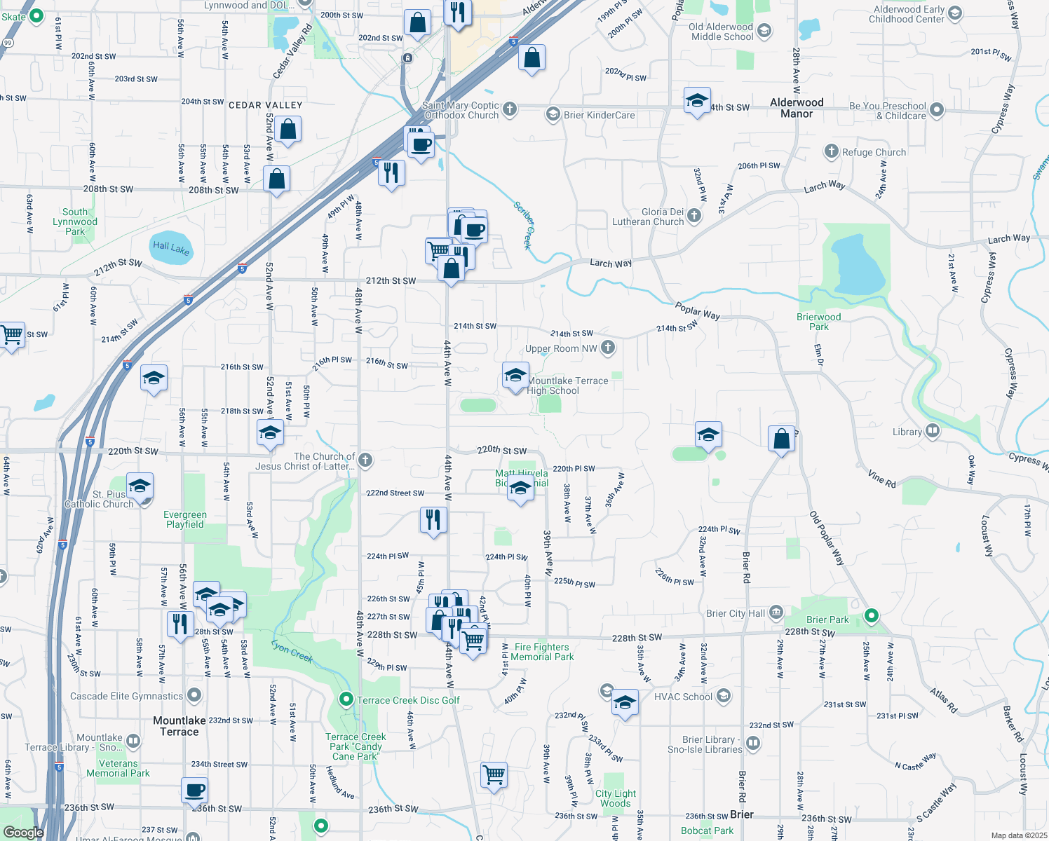 map of restaurants, bars, coffee shops, grocery stores, and more near 4009 219th Street Southwest in Mountlake Terrace