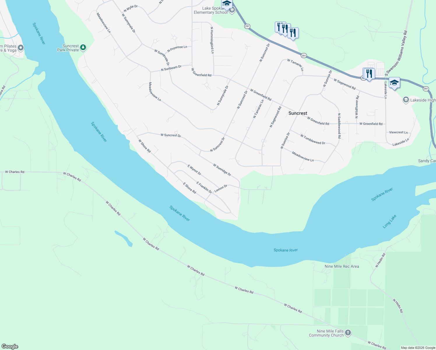 map of restaurants, bars, coffee shops, grocery stores, and more near 12221 West Sunridge Drive in Nine Mile Falls