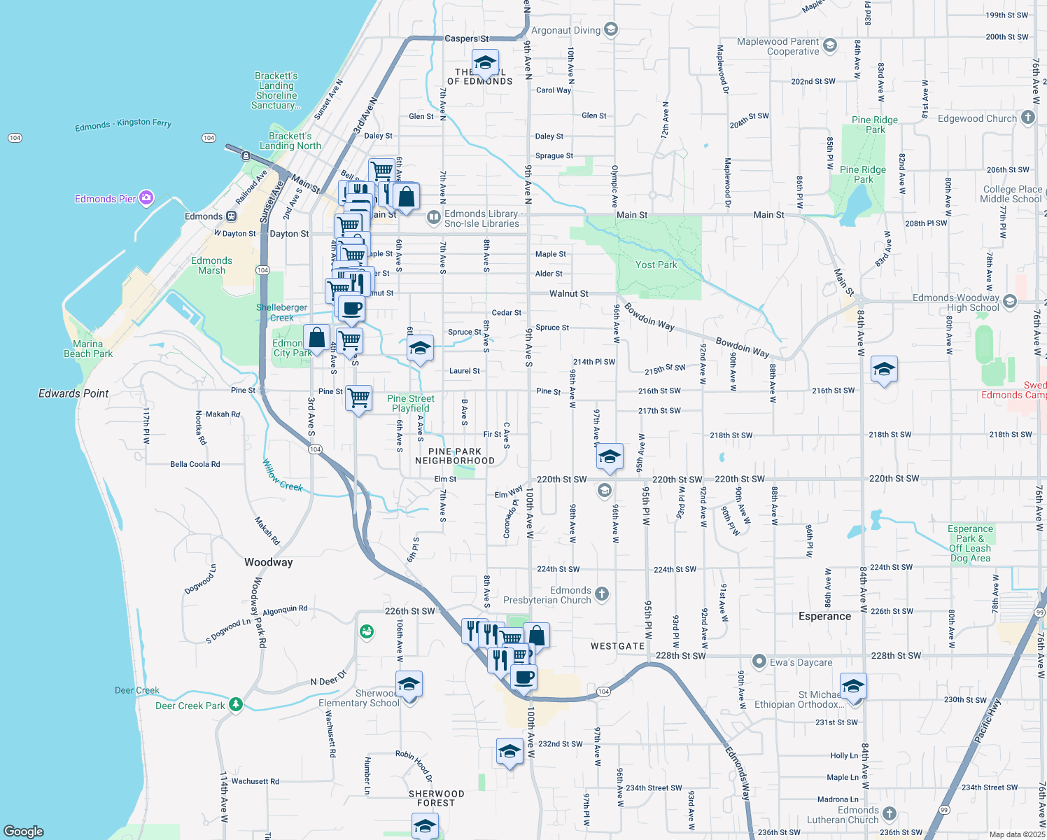 map of restaurants, bars, coffee shops, grocery stores, and more near 1048 9th Avenue South in Edmonds