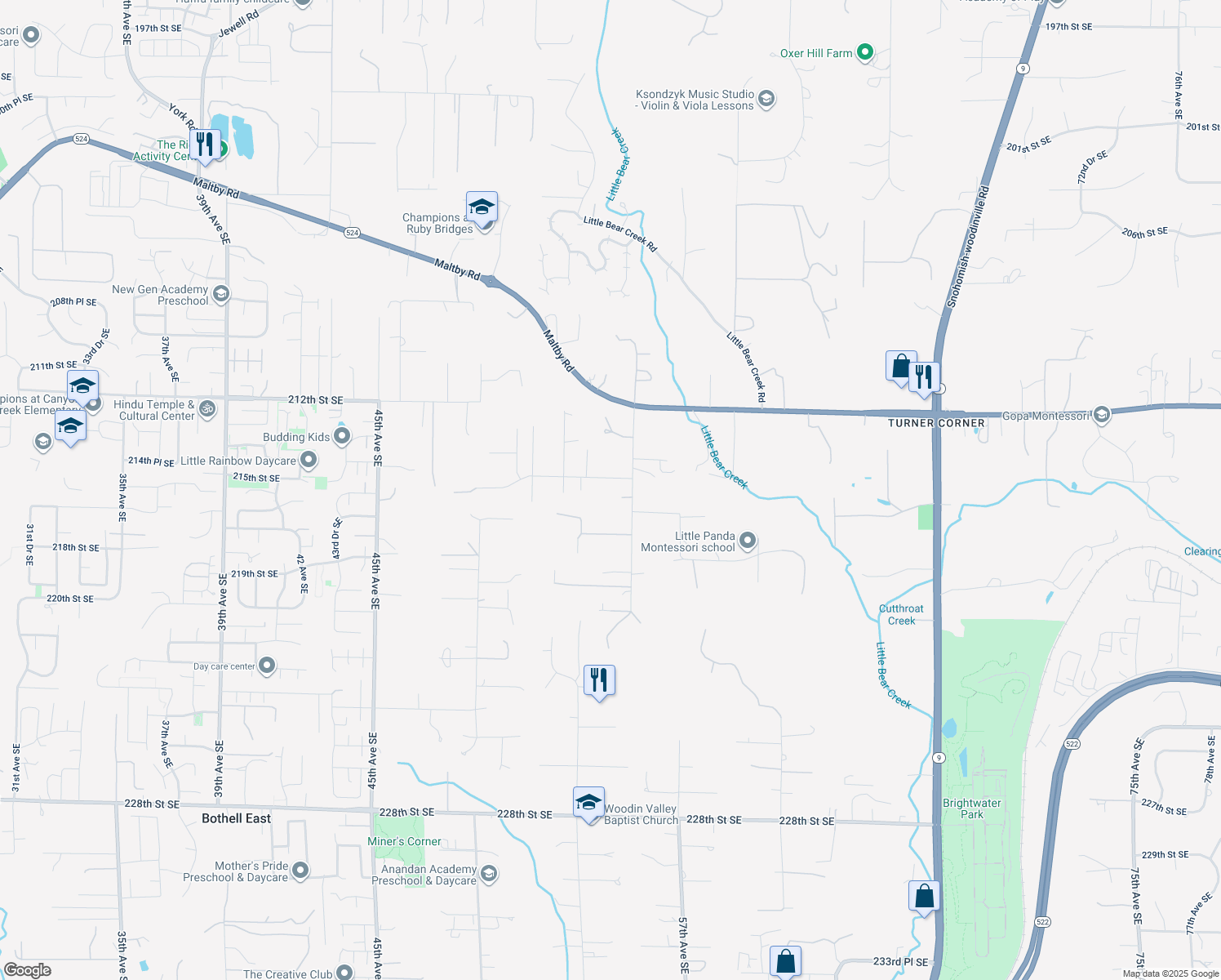 map of restaurants, bars, coffee shops, grocery stores, and more near 5404 215th Street Southeast in Woodinville