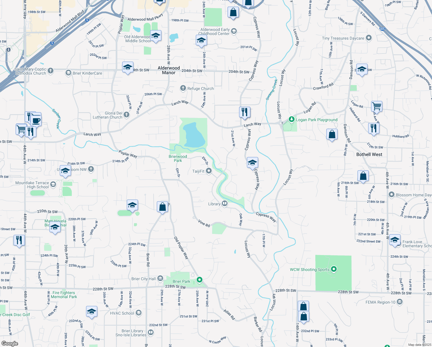 map of restaurants, bars, coffee shops, grocery stores, and more near 21555 Elm Drive in Brier