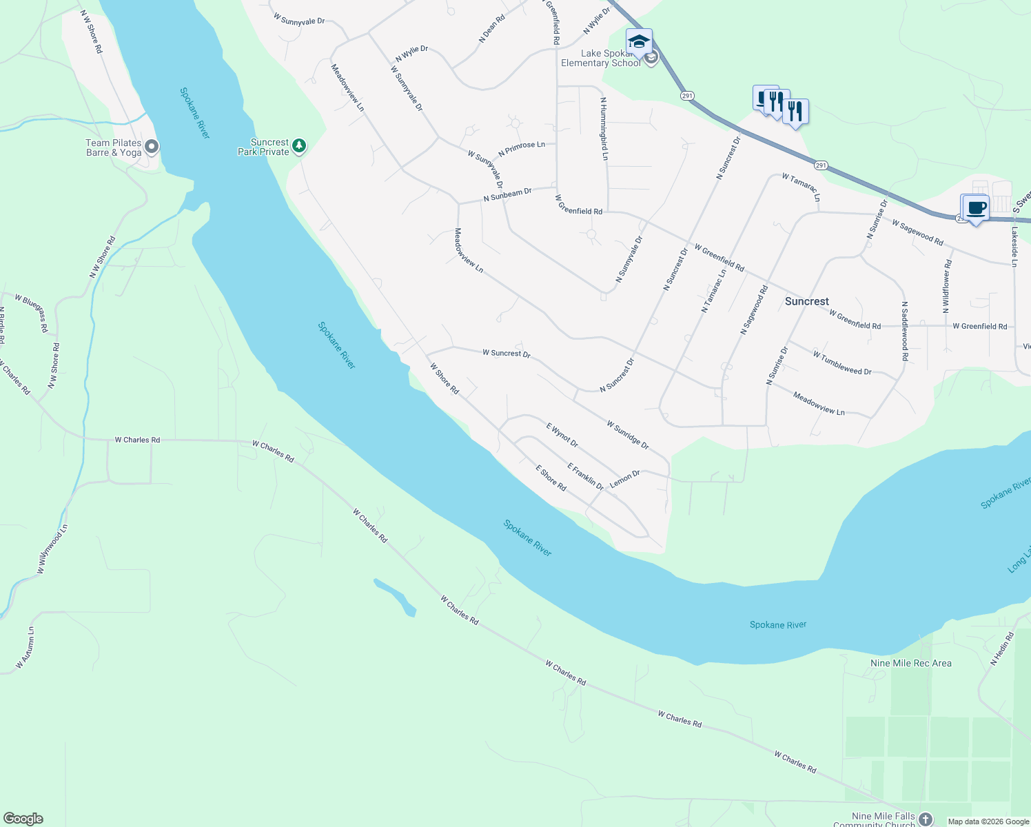 map of restaurants, bars, coffee shops, grocery stores, and more near 109 East Wynot Drive in Nine Mile Falls