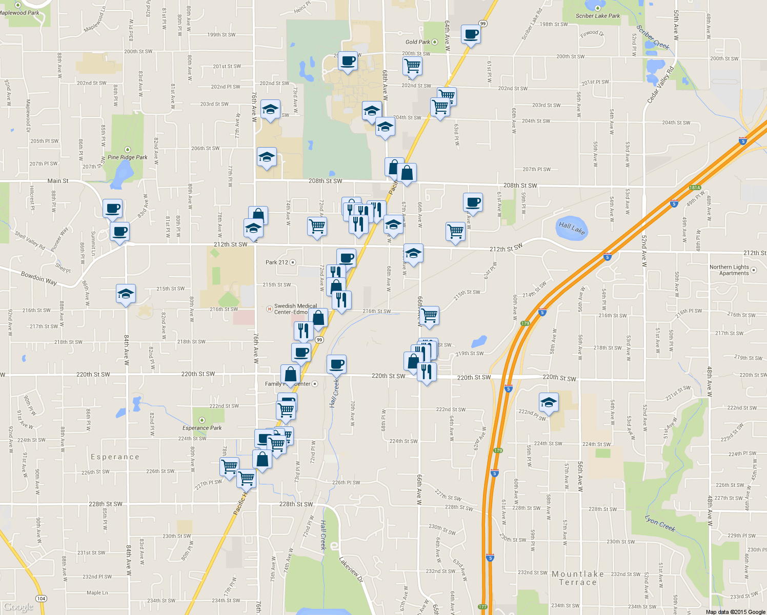 map of restaurants, bars, coffee shops, grocery stores, and more near 6801 216th Street Southwest in Mountlake Terrace