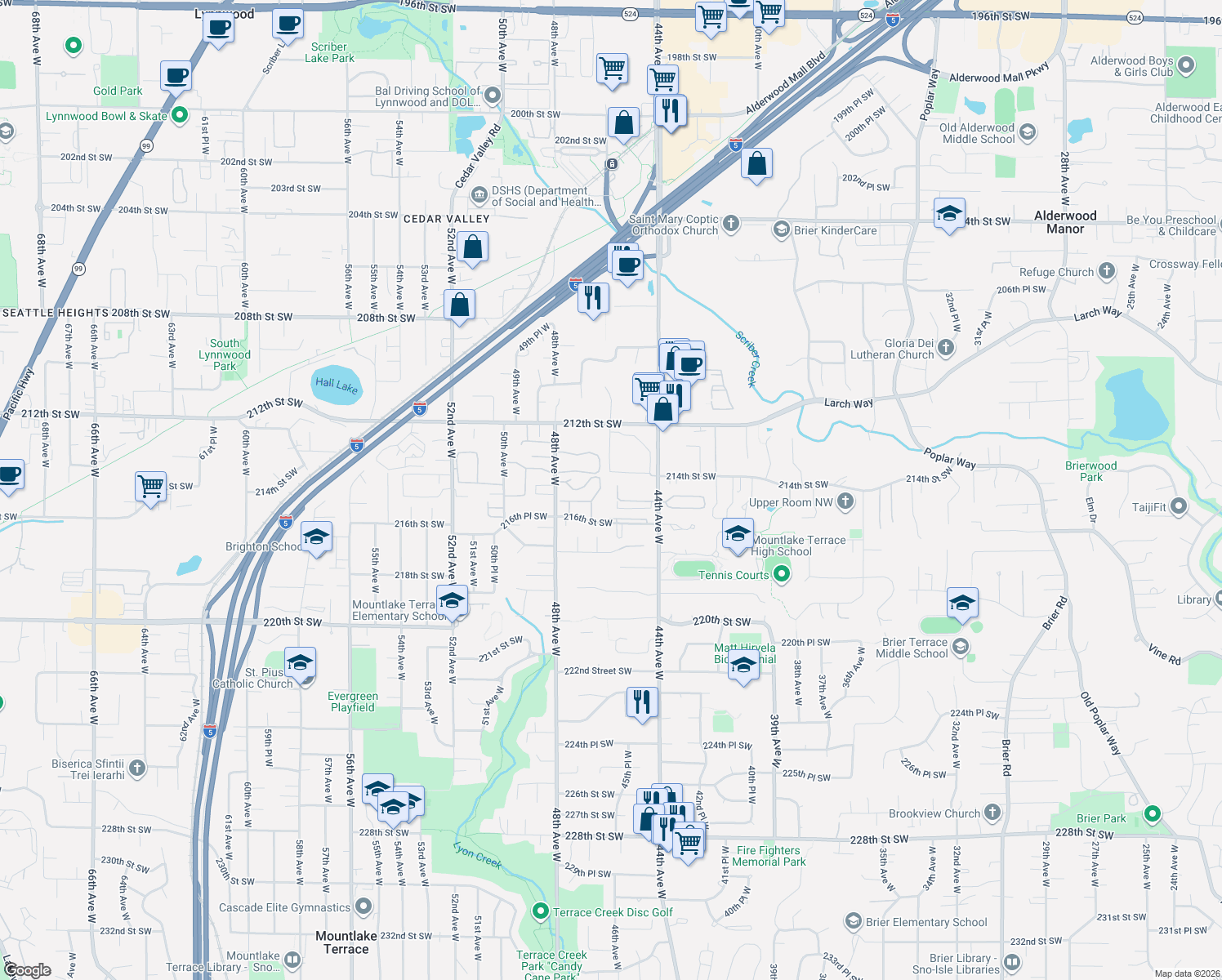 map of restaurants, bars, coffee shops, grocery stores, and more near 21404 46th Place West in Mountlake Terrace