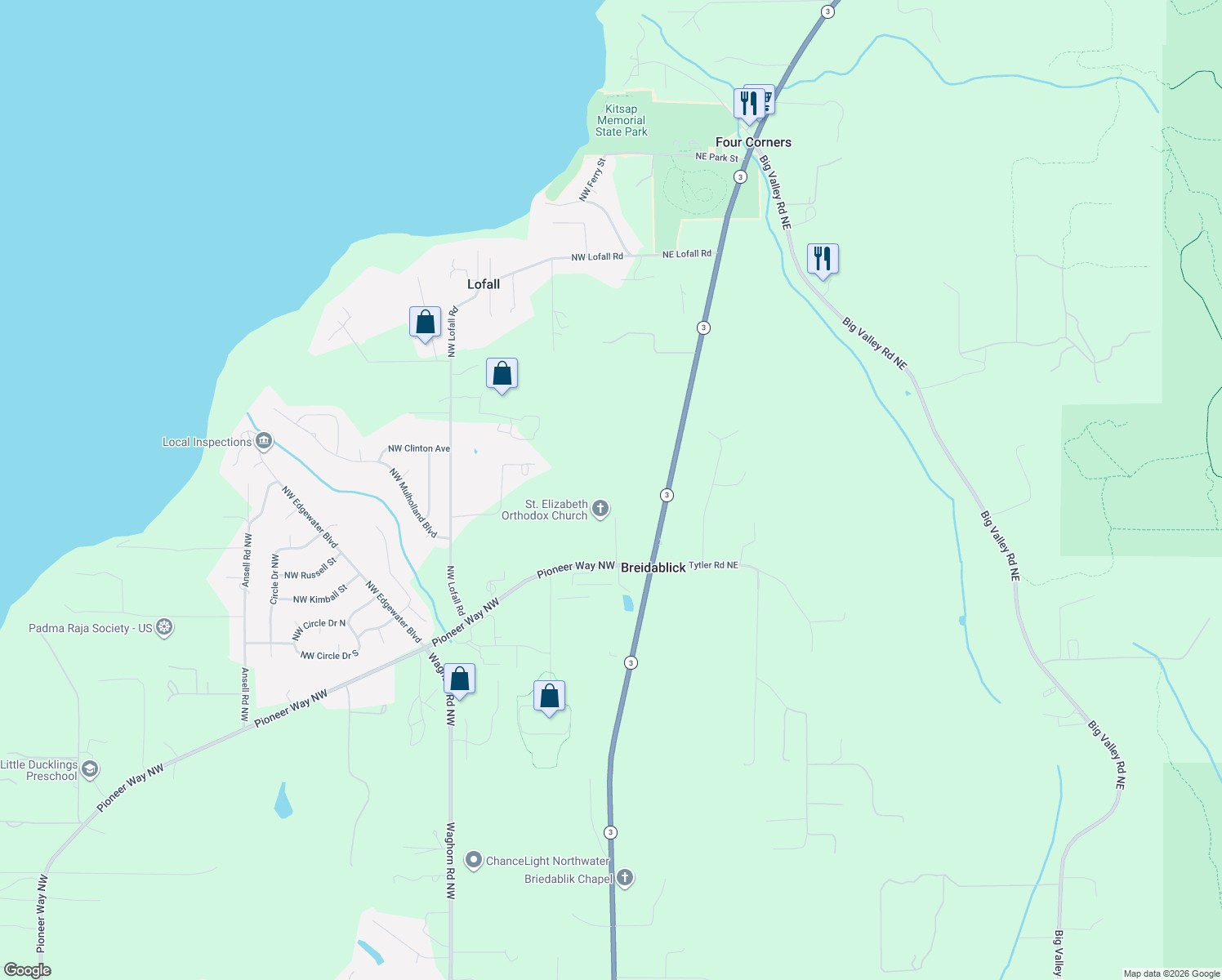 map of restaurants, bars, coffee shops, grocery stores, and more near 26670 Breidablik Place Northwest in Poulsbo