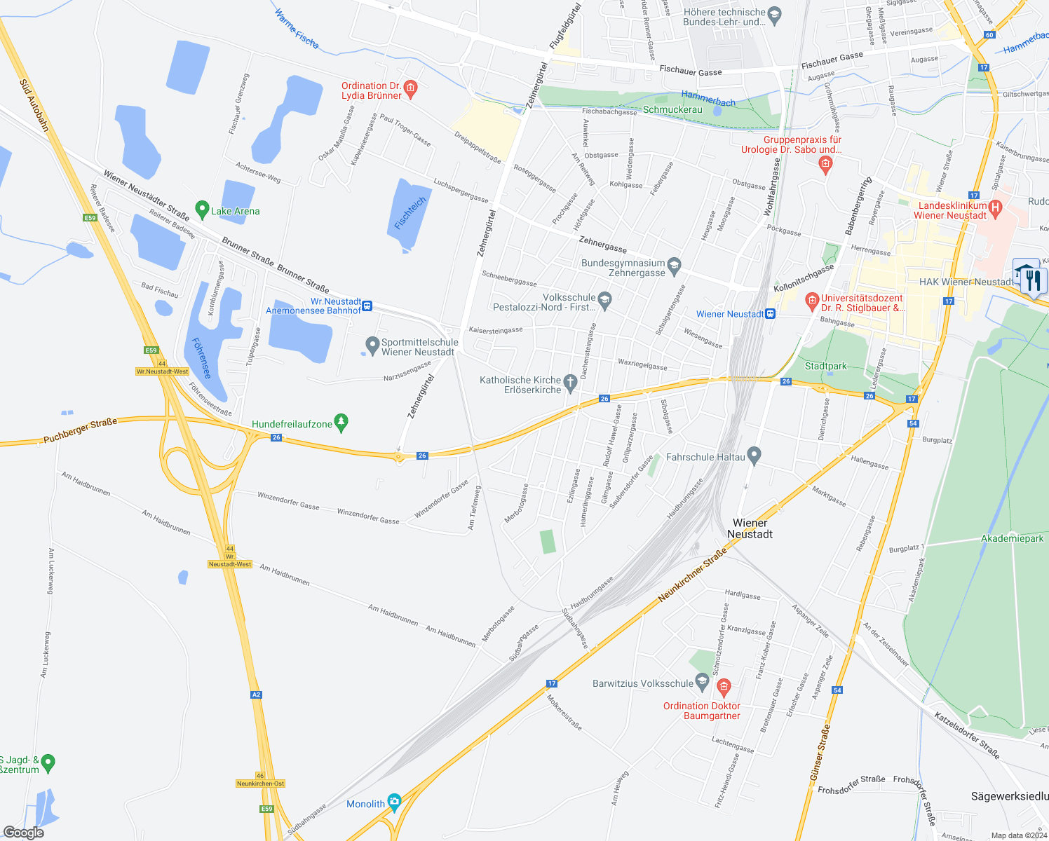 map of restaurants, bars, coffee shops, grocery stores, and more near 32 Willendorfer Gasse in Wiener Neustadt