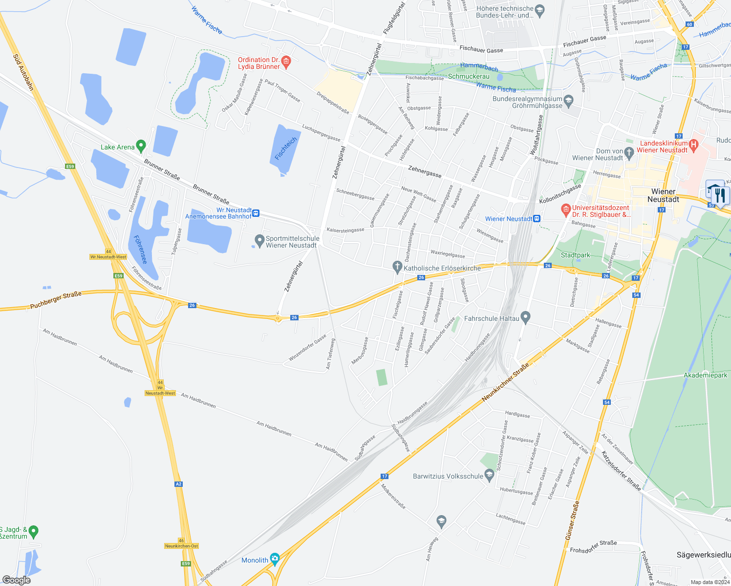 map of restaurants, bars, coffee shops, grocery stores, and more near 32 Willendorfer Gasse in Wiener Neustadt