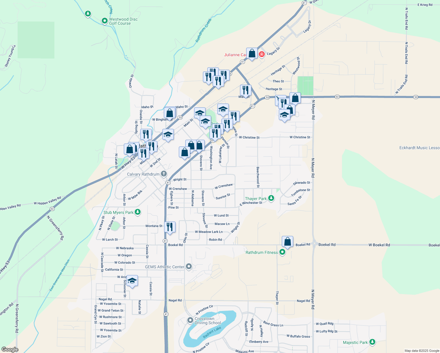map of restaurants, bars, coffee shops, grocery stores, and more near 7412 Wright Street in Rathdrum
