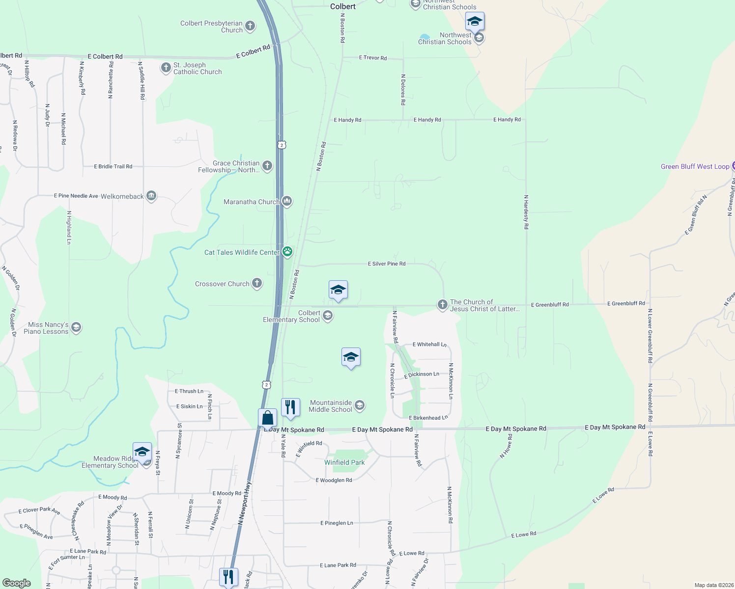 map of restaurants, bars, coffee shops, grocery stores, and more near 4809 E Greenbluff Rd in Colbert