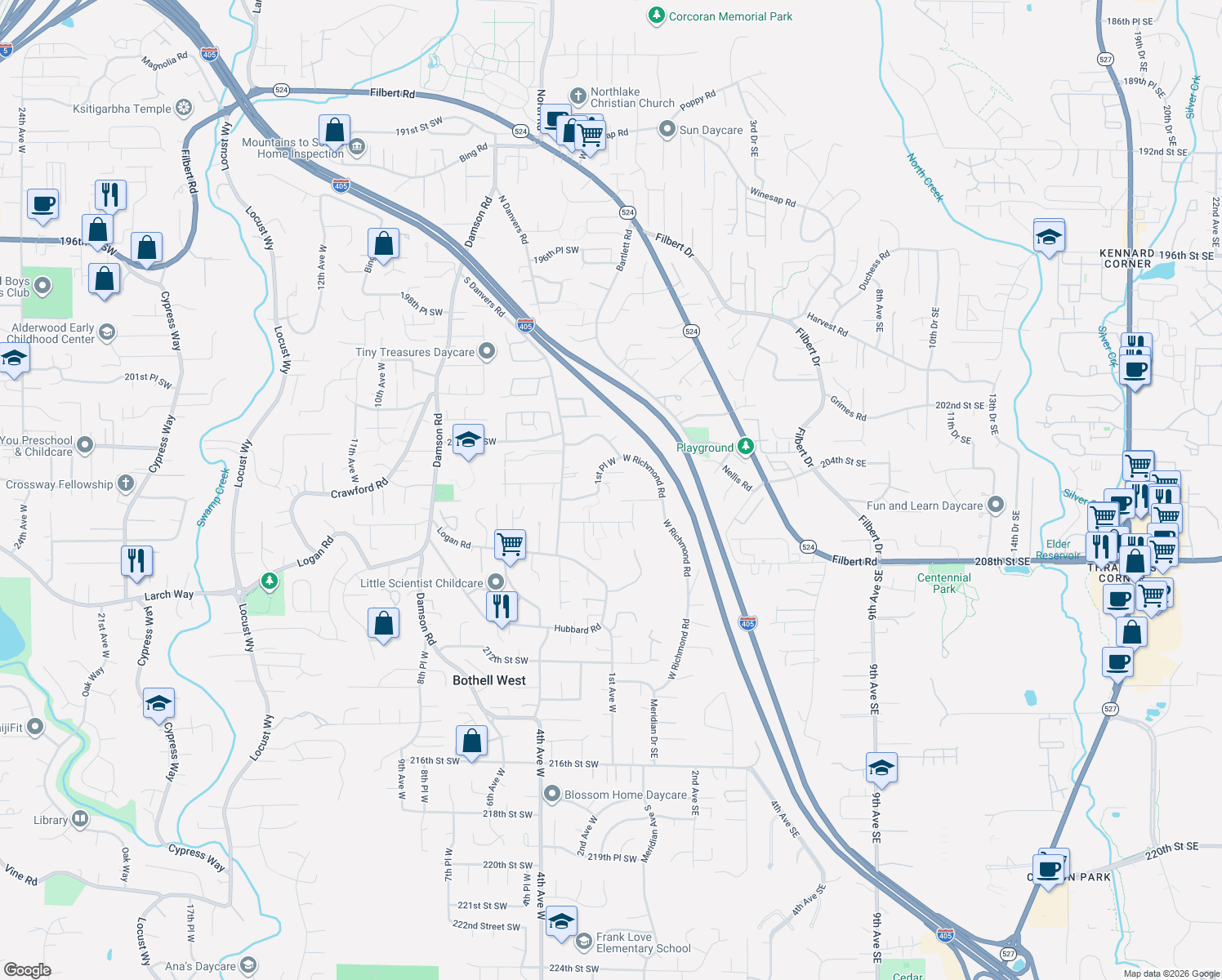 map of restaurants, bars, coffee shops, grocery stores, and more near 110 204th Place Southwest in Lynnwood