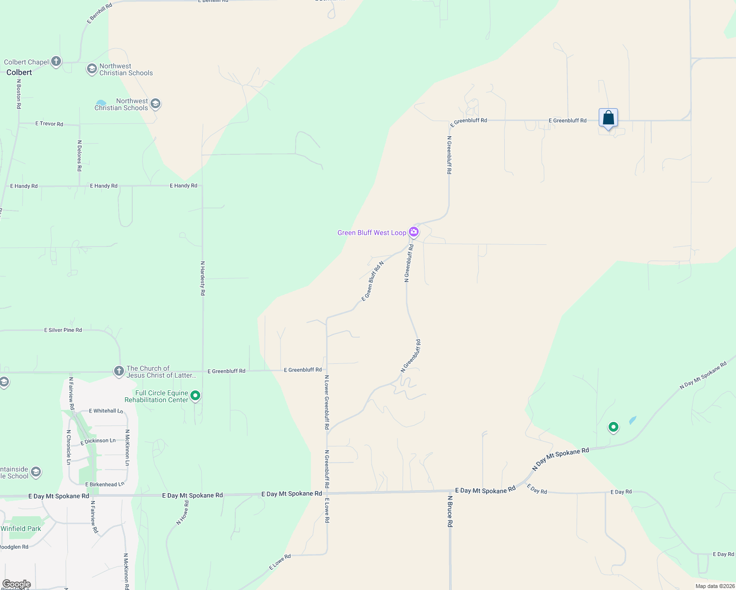 map of restaurants, bars, coffee shops, grocery stores, and more near E Green Bluff Road North in Colbert