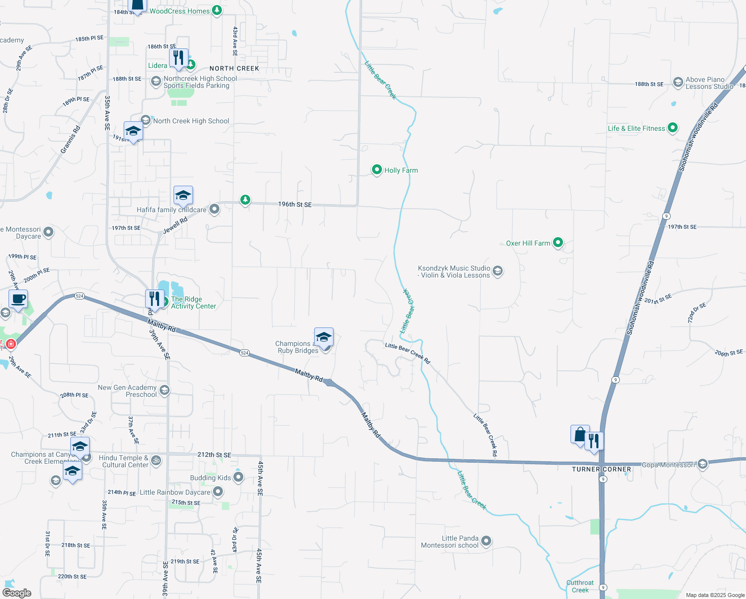 map of restaurants, bars, coffee shops, grocery stores, and more near 20126 Little Bear Creek Rd in Woodinville