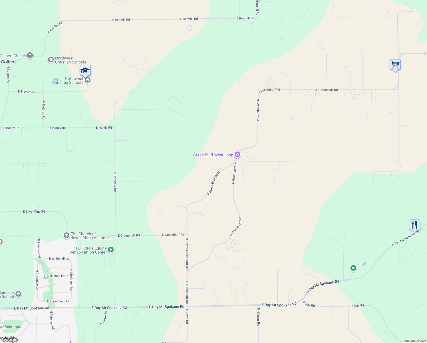 map of restaurants, bars, coffee shops, grocery stores, and more near E Green Bluff Road North in Colbert
