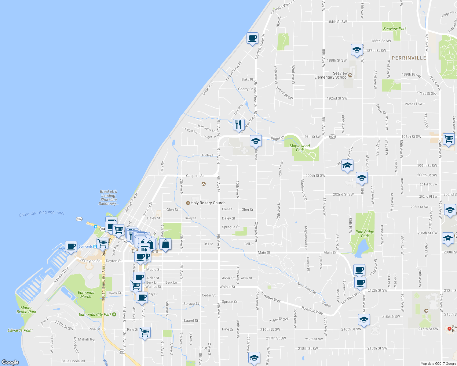 map of restaurants, bars, coffee shops, grocery stores, and more near 927 Mountain Lane in Edmonds