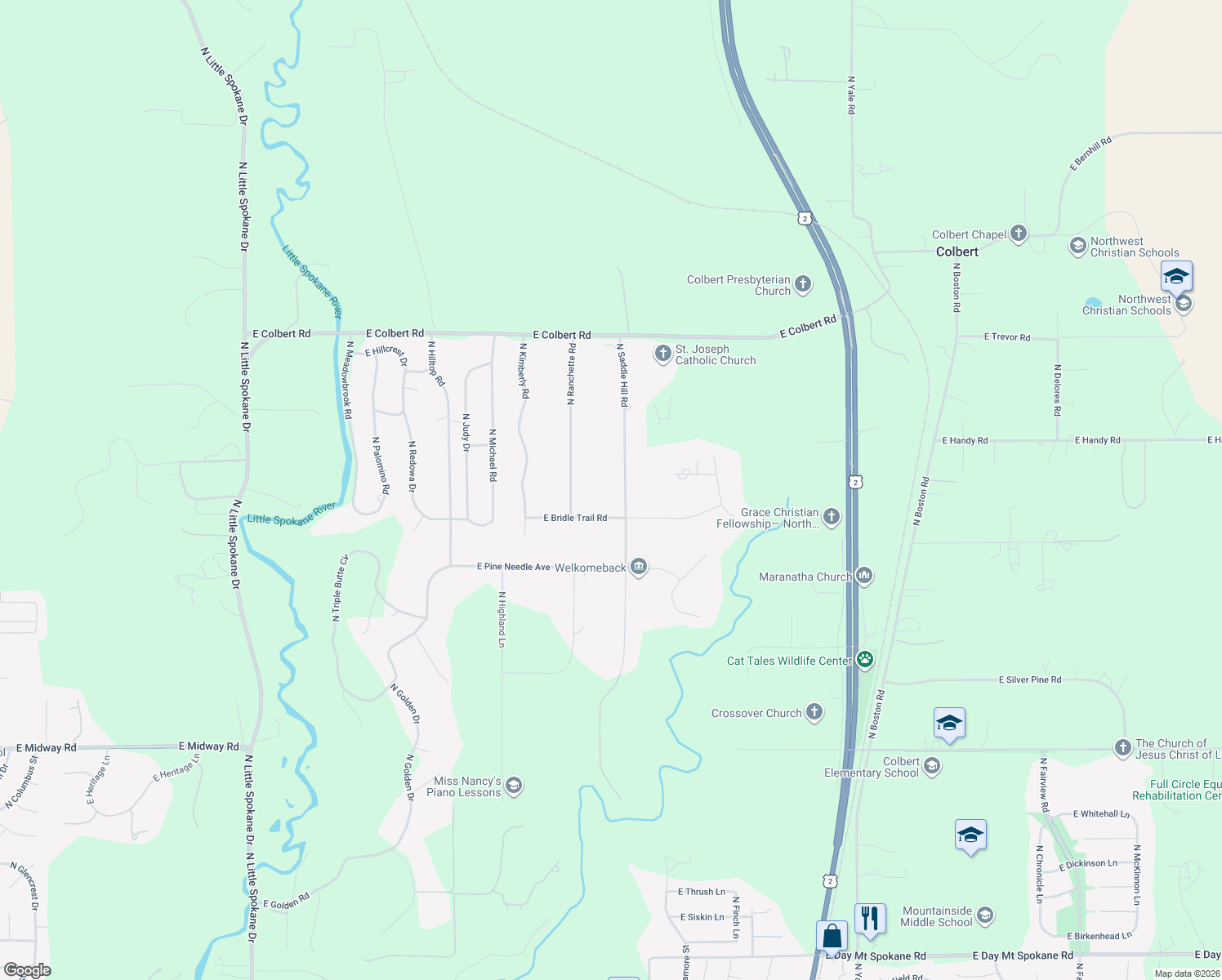 map of restaurants, bars, coffee shops, grocery stores, and more near 17621 N Saddle Hill Rd in Colbert