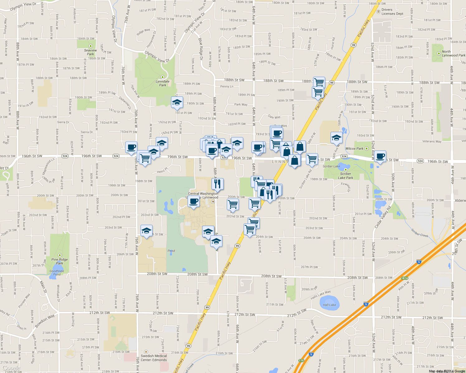 map of restaurants, bars, coffee shops, grocery stores, and more near 6604 198th Place Southwest in Lynnwood