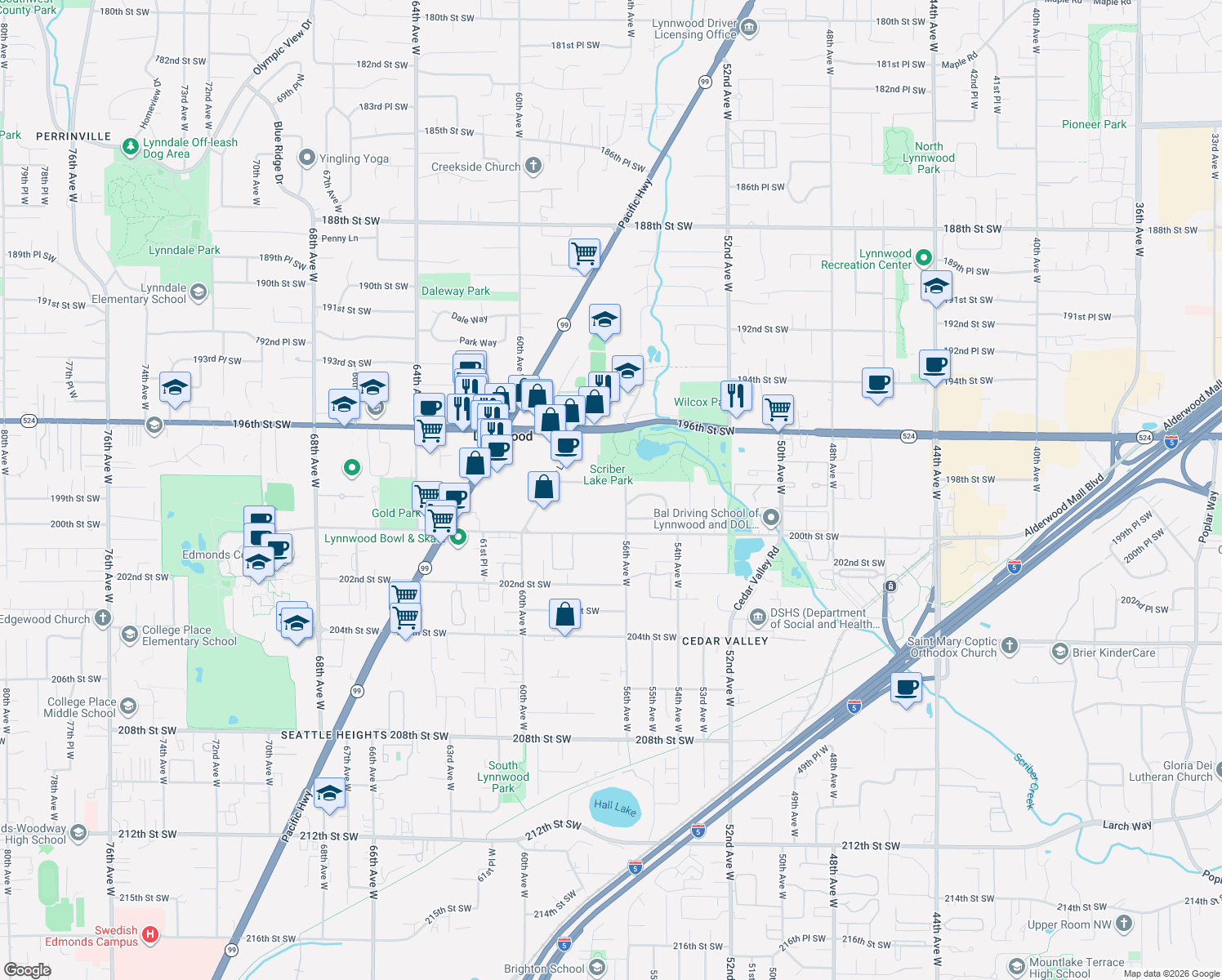map of restaurants, bars, coffee shops, grocery stores, and more near 5618 198th Street Southwest in Lynnwood