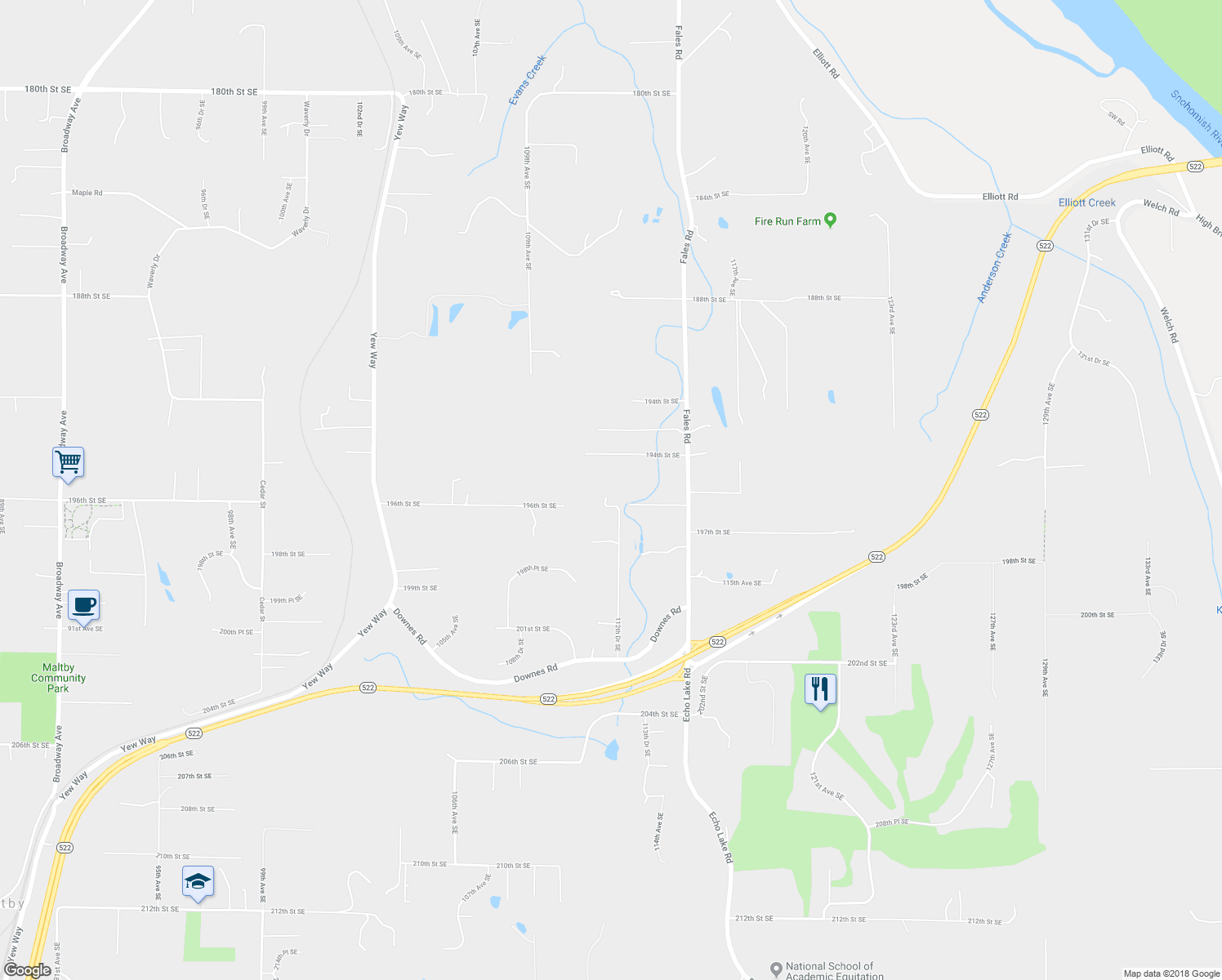 map of restaurants, bars, coffee shops, grocery stores, and more near 19520 112th Drive Southeast in Snohomish