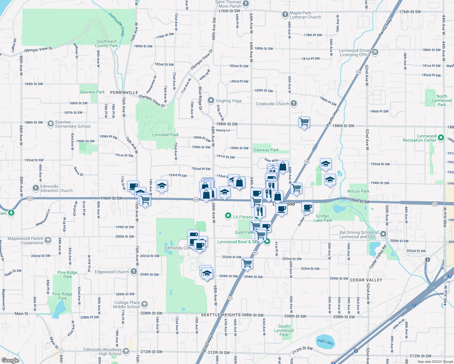 map of restaurants, bars, coffee shops, grocery stores, and more near 19404 66th Avenue West in Lynnwood