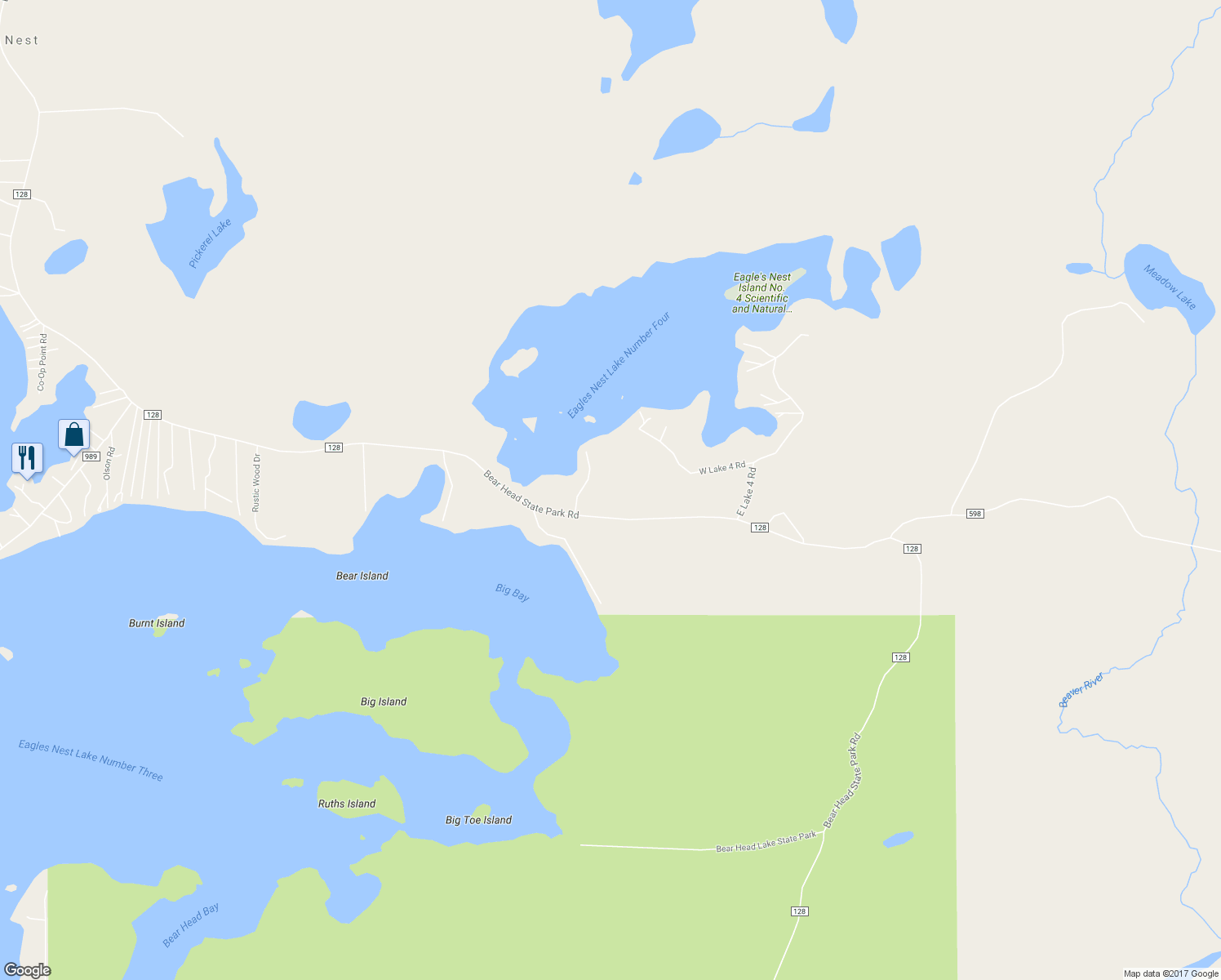 map of restaurants, bars, coffee shops, grocery stores, and more near 1382 Bear Head State Park Road in Ely