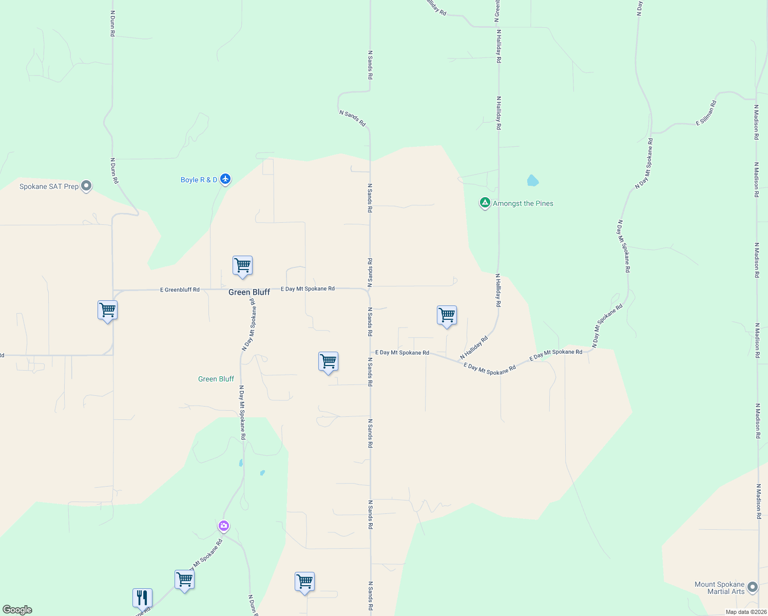 map of restaurants, bars, coffee shops, grocery stores, and more near 10703 East Day Mount Spokane Road in Mead