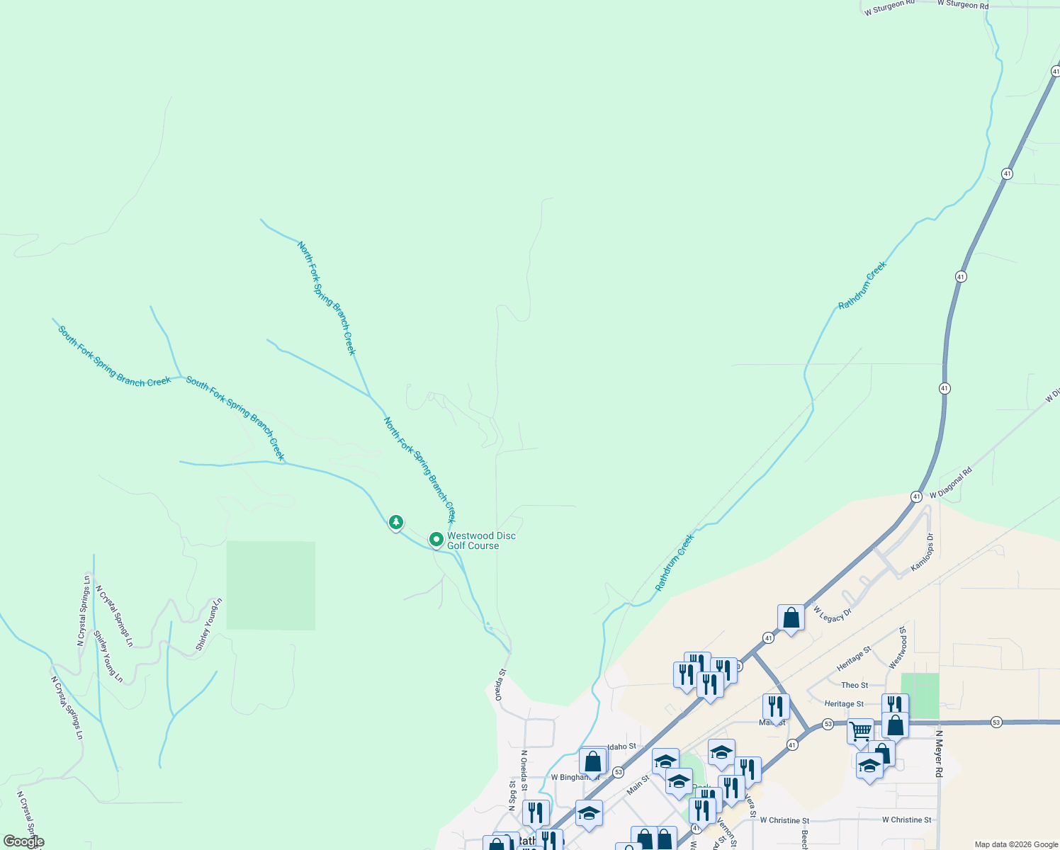 map of restaurants, bars, coffee shops, grocery stores, and more near 8230 West Dazyduck Court in Rathdrum