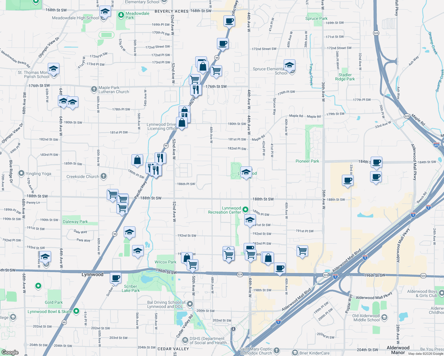 map of restaurants, bars, coffee shops, grocery stores, and more near 4630 185th Pl SW in Lynnwood
