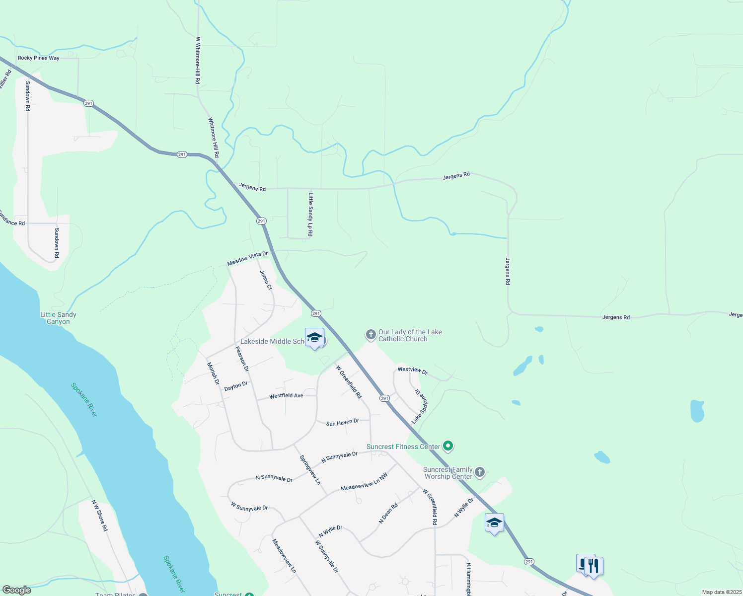 map of restaurants, bars, coffee shops, grocery stores, and more near 6142 Washington 291 in Nine Mile Falls