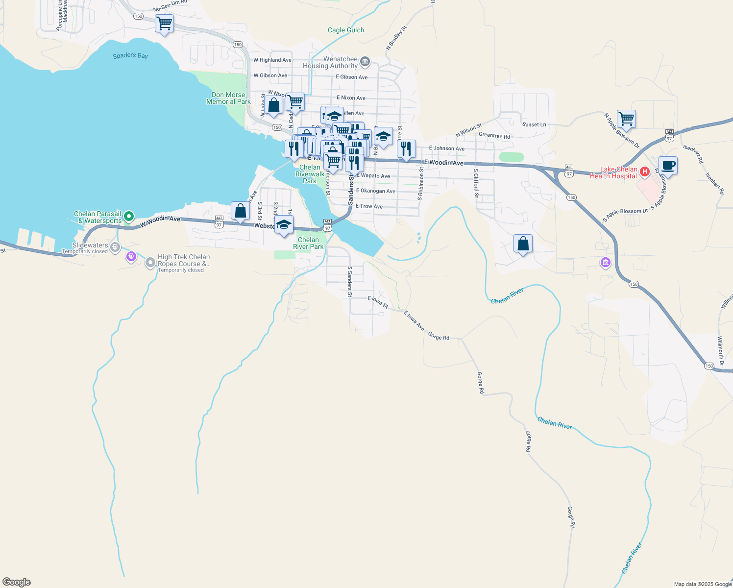 map of restaurants, bars, coffee shops, grocery stores, and more near 327 East Iowa Avenue in Chelan