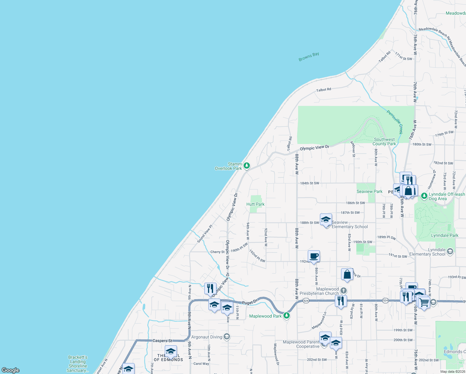 map of restaurants, bars, coffee shops, grocery stores, and more near 18410 Olympic View Drive in Edmonds