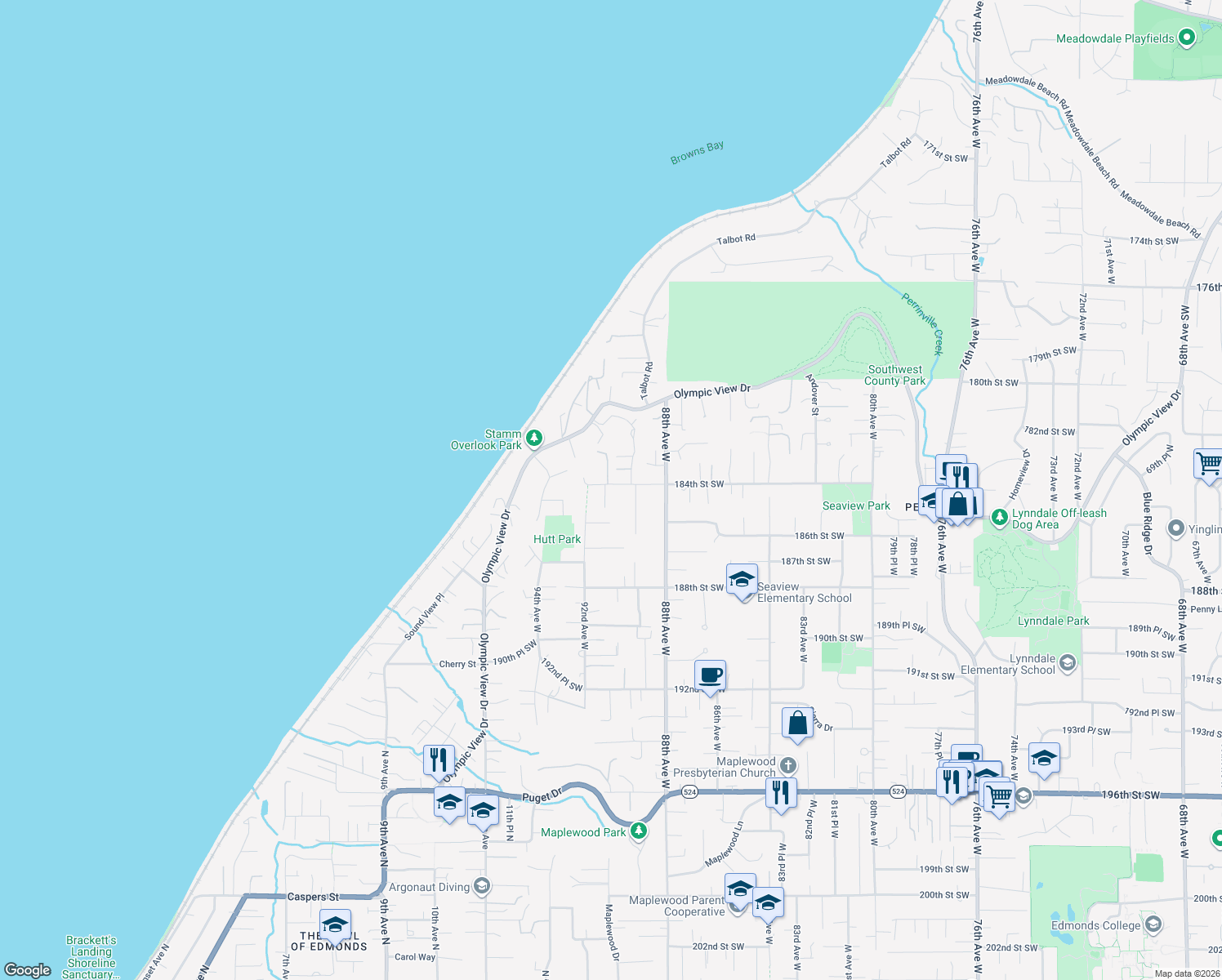 map of restaurants, bars, coffee shops, grocery stores, and more near 9010 184th St SW in Edmonds