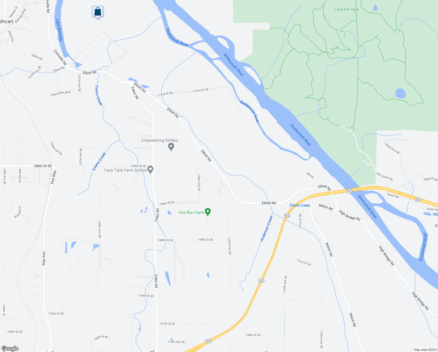 map of restaurants, bars, coffee shops, grocery stores, and more near 18108 Elliott Road in Snohomish