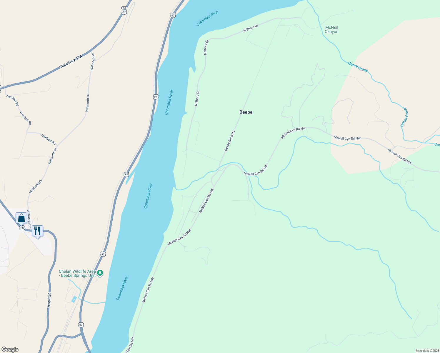 map of restaurants, bars, coffee shops, grocery stores, and more near 178 McNeil Canyon Road Northwest in Orondo