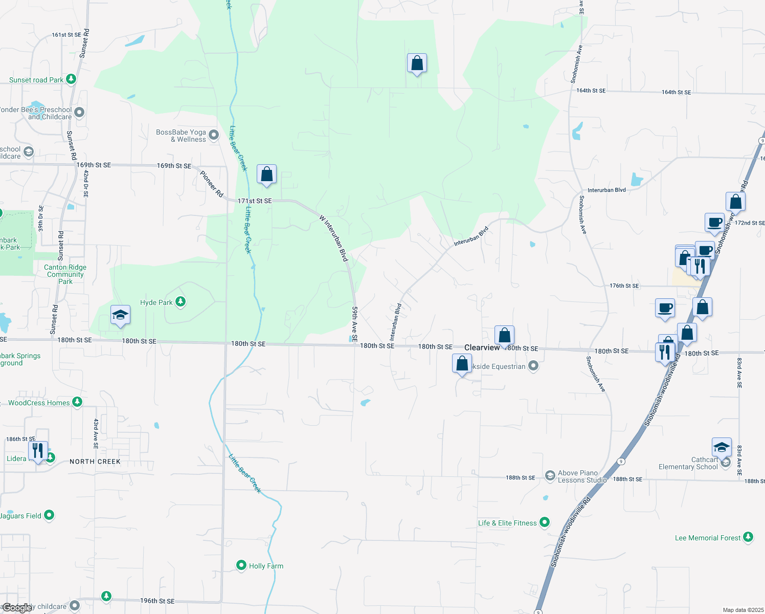 map of restaurants, bars, coffee shops, grocery stores, and more near 17714 Interurban Boulevard in Snohomish