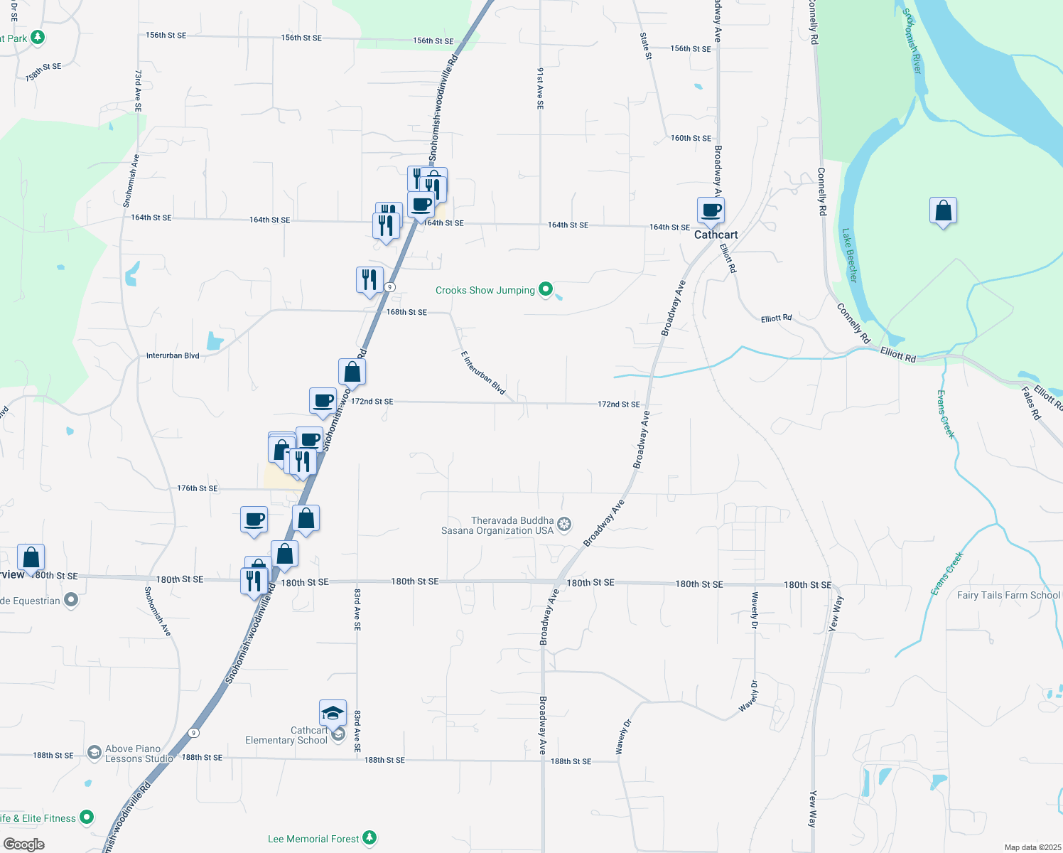 map of restaurants, bars, coffee shops, grocery stores, and more near 9032 172nd Street Southeast in Snohomish