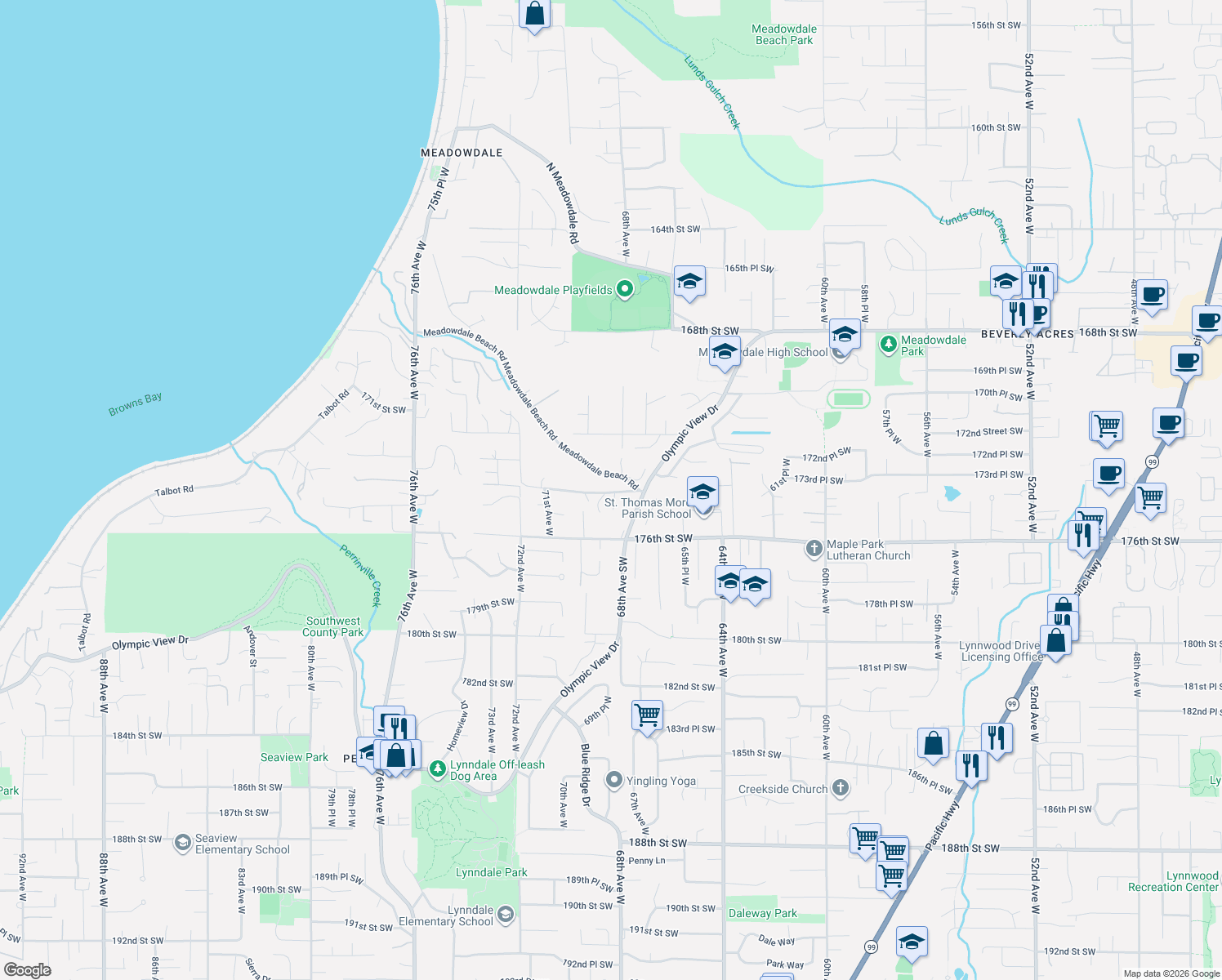 map of restaurants, bars, coffee shops, grocery stores, and more near 6830 174th St SW in Edmonds