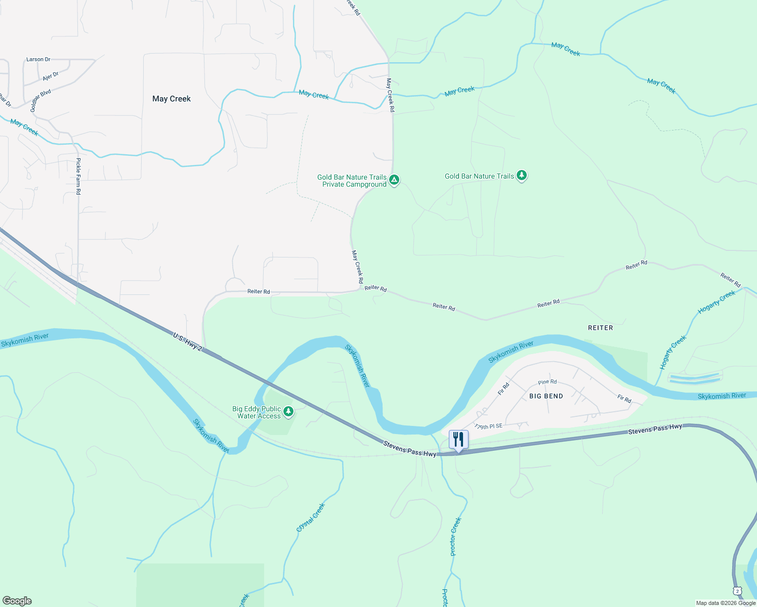 map of restaurants, bars, coffee shops, grocery stores, and more near 43424 Reiter Road in Gold Bar