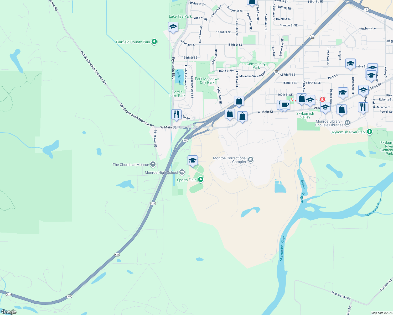 map of restaurants, bars, coffee shops, grocery stores, and more near 16543 169th Street Southeast in Monroe