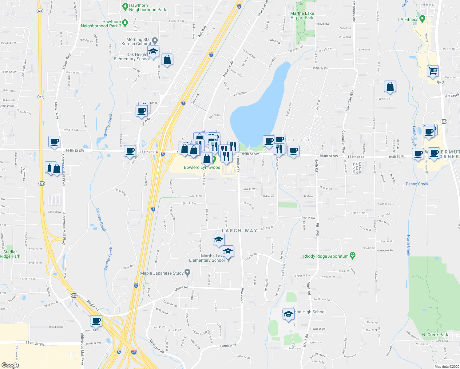 map of restaurants, bars, coffee shops, grocery stores, and more near 16714 10th Place West in Lynnwood