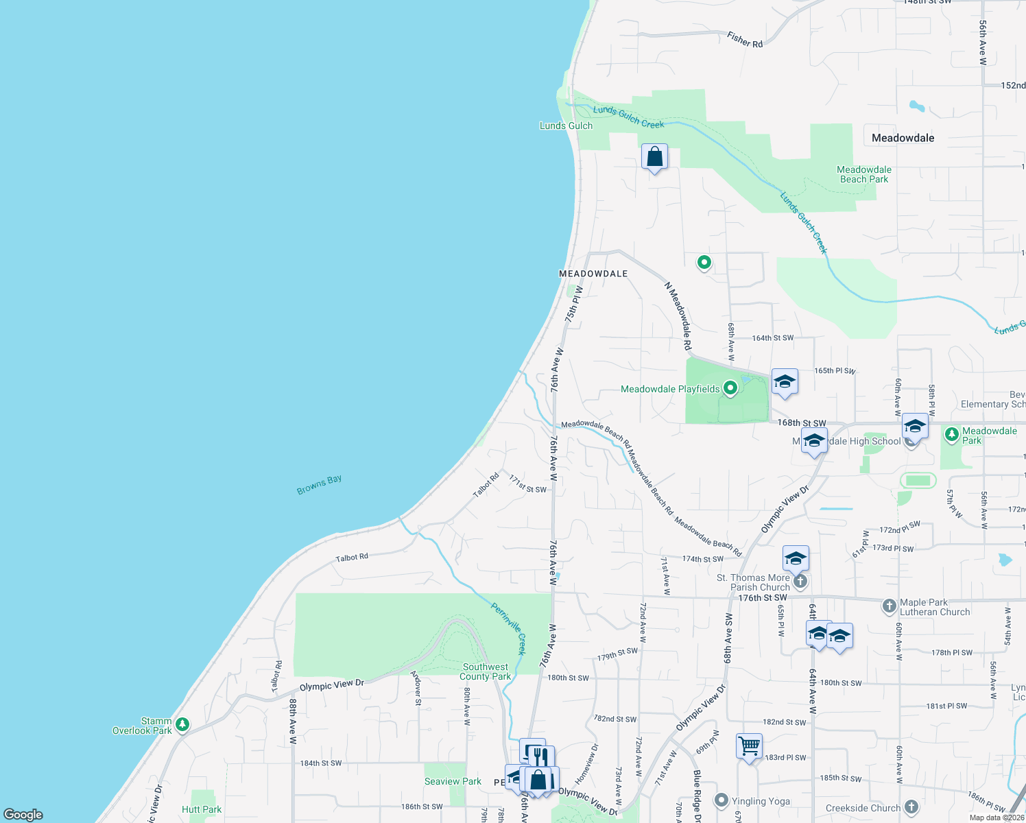 map of restaurants, bars, coffee shops, grocery stores, and more near 7735 168th Place Southwest in Edmonds