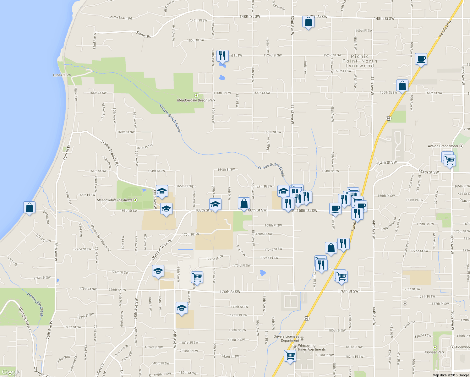 map of restaurants, bars, coffee shops, grocery stores, and more near 5714 Hillpointe Circle in Lynnwood