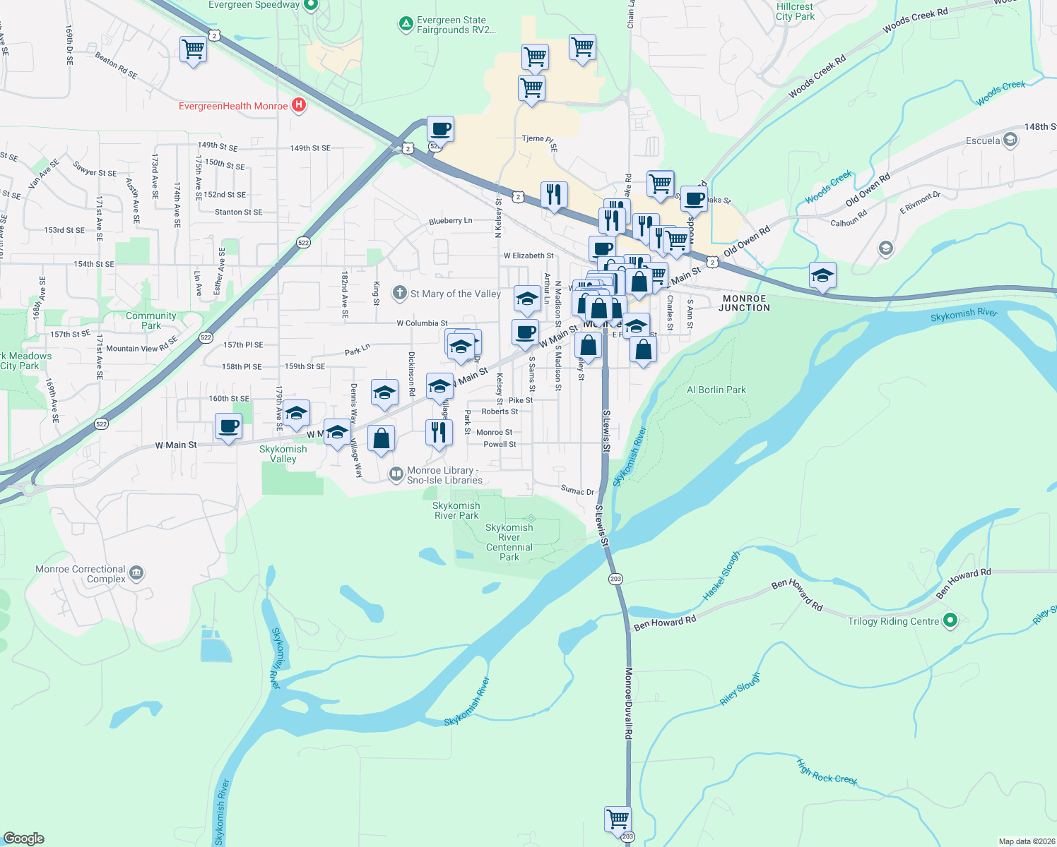 map of restaurants, bars, coffee shops, grocery stores, and more near 342 South Sams Street in Monroe