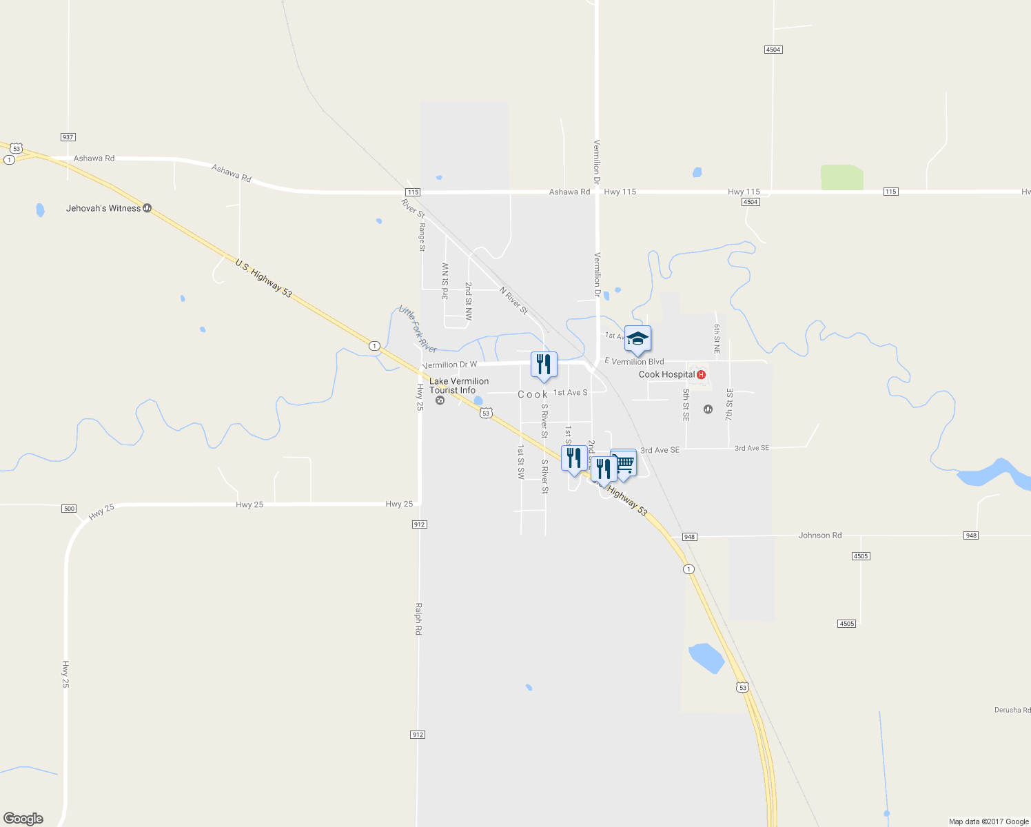 map of restaurants, bars, coffee shops, grocery stores, and more near 125 1st Street East in Cook