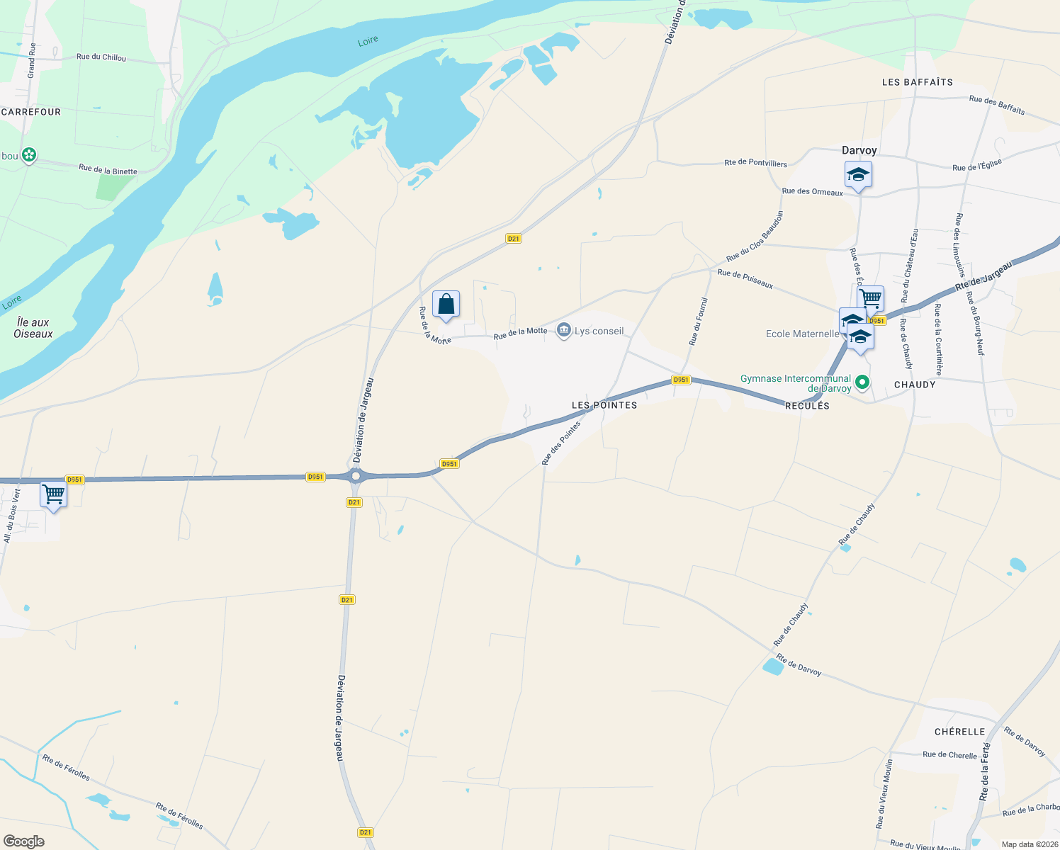 map of restaurants, bars, coffee shops, grocery stores, and more near 134 Route d'Orléans in Darvoy