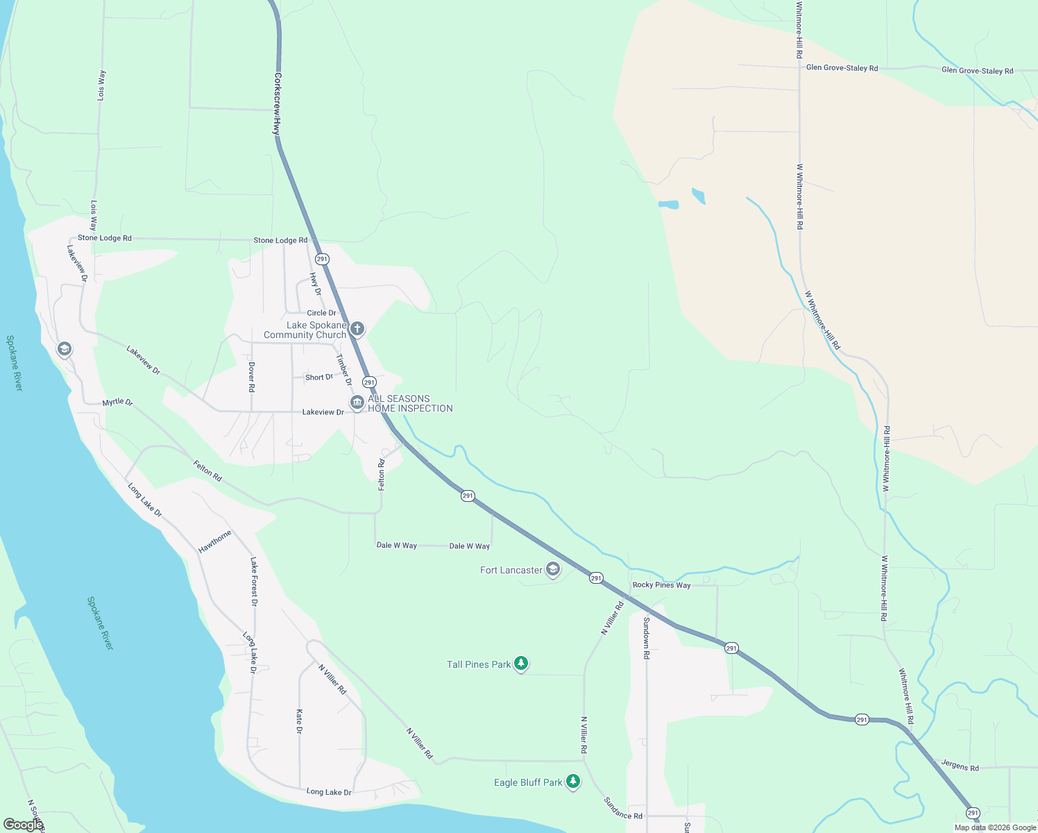 map of restaurants, bars, coffee shops, grocery stores, and more near 6527 Pine Ridge Way in Nine Mile Falls