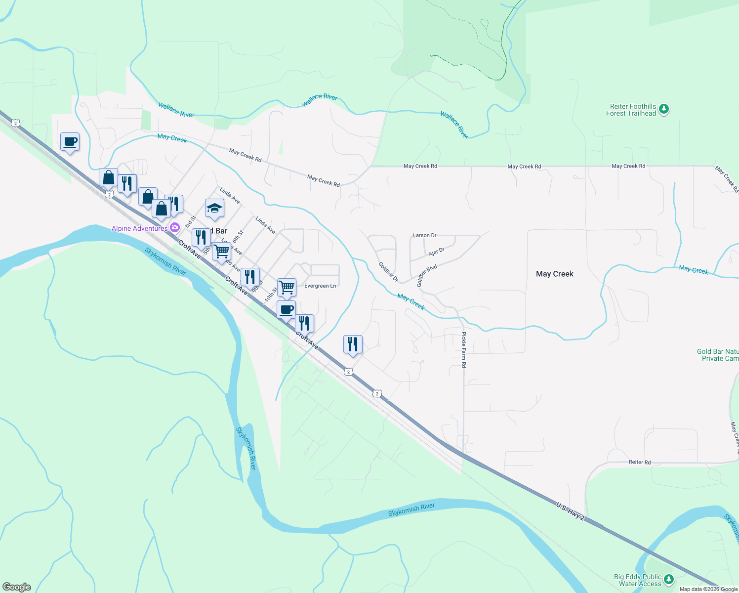 map of restaurants, bars, coffee shops, grocery stores, and more near 321 Shelby St in Gold Bar