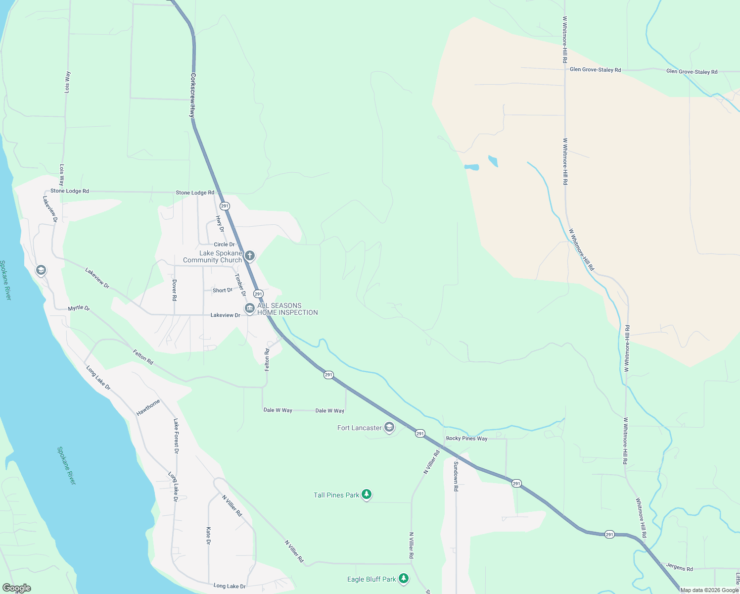map of restaurants, bars, coffee shops, grocery stores, and more near 6527 Pine Ridge Way in Nine Mile Falls